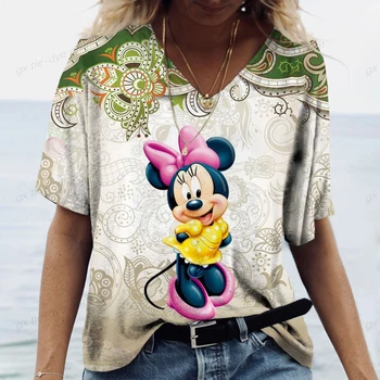 Винтажная Женская футболка Disney С Принтом Минни и Микки Мауса, Женская одежда, Топ С коротким рукавом, V-образный Вырез, Футболки Оверсайз, Женская футболка