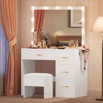 Современный туалетный столик для макияжа Туалетный столик с Табуреткой 11 Раздвижных Зеркал Со светодиодной подсветкой, 3-цветная регулировка освещенности, удобное использование