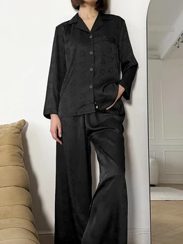 Linad Черная пижама для женщин, комплекты из 2 предметов, Свободная пижама с длинным рукавом, Женские брючные костюмы 2023, Осенняя повседневная домашняя одежда, Однотонная одежда