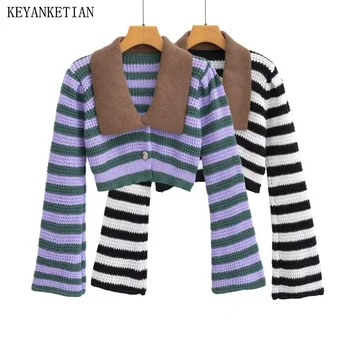 KEYANKETIAN/ Осенний Новый женский свитер в полоску с коротким кукольным воротником, однобортный трикотаж для Хай-стрит, укороченный топ с расклешенными рукавами