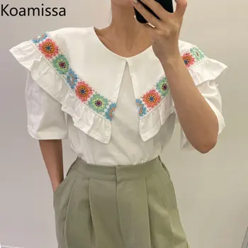 Koamissa/ Новая милая женская блузка с вышивкой, женская винтажная рубашка с коротким рукавом и отложным воротником, корейские шикарные блузы, топы, прямая поставка