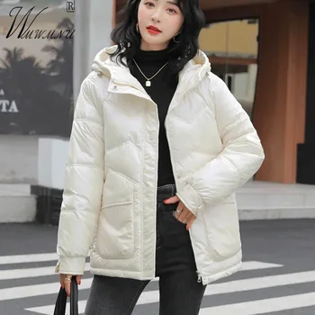 Модная ветрозащитная теплая парка с капюшоном 2023, Зимние хлопчатобумажные куртки, женская глянцевая Повседневная толстая верхняя одежда, зимние короткие пальто Оверсайз