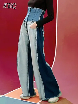 KBQ Хит продаж, женские джинсы с необработанным подолом, с высокой талией, с карманами в стиле пэчворк, свободная уличная одежда, широкие джинсовые брюки, женская мода 