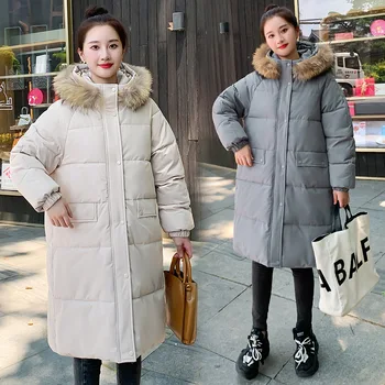 Женское длинное корейское модное зимнее пальто свободного кроя с большим карманом и большим меховым воротником, пуховая хлопковая куртка с капюшоном, толстые теплые парки