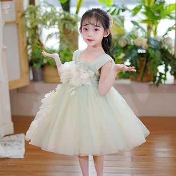 Зеленое платье для девочки, платье принцессы с аппликацией из бисера, платье с цветочным узором для девочки, платье для вечеринки в честь дня рождения, платье с бисером для девочки
