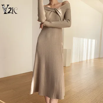 Y2K одежда корейская новинка, однотонные вязаные платья миди с вырезом лодочкой, длинные платья для женщин, traf, осень-зима, тонкое элегантное вечернее платье, халат