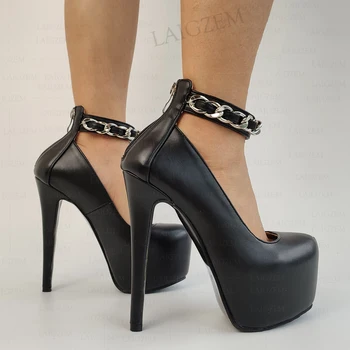 BERZIMER/ женские туфли-лодочки на платформе, металлические цепочки, искусственная кожа, молния сзади, тонкие туфли на высоком каблуке, женская обувь ручной работы, большие размеры 38 41 43 45 48