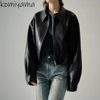 Куртки из искусственной кожи, женские японские куртки с отложным воротником на молнии, осенние пальто с длинным рукавом Jaqueta Feminina Fashion Simple Casacos