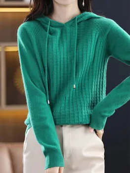 Однотонный вязаный свитер с капюшоном, женские зеленые Пуловеры, Топ с длинным рукавом, Свободный Повседневный трикотаж, Свитера, Осенне-зимняя женская одежда