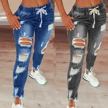 Женские джинсовые брюки с эластичной резинкой на талии с отверстиями и завязками для маленьких ножек S-5XL