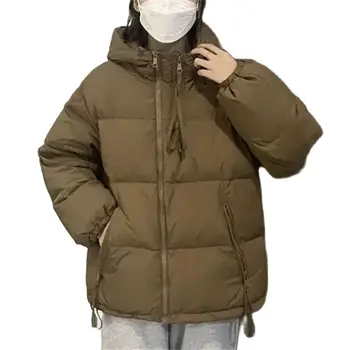Зимнее Свободное Универсальное хлопчатобумажное пальто 2023, женская короткая куртка с капюшоном, женская однотонная верхняя одежда с простым карманом на молнии