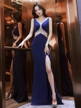 2023 Новое модное вечернее платье без рукавов с V-образным вырезом и длиной до пола, женское приталенное вечернее платье-русалка с бисером, сексуальная женская одежда