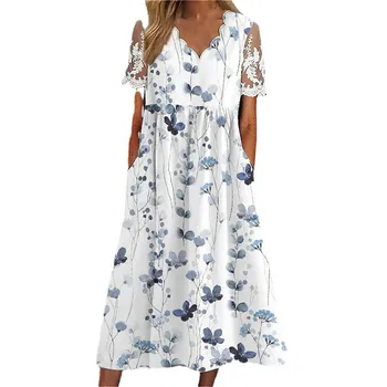 Летнее Женское платье с V образным вырезом и короткими рукавами с цветочным принтом в европейском и американском стиле, пляжное платье, простое платье для женщин