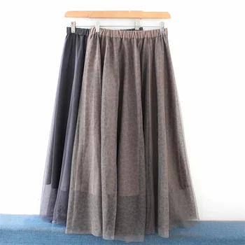 Эластичная тонкая женская юбка большого размера с высокой талией из газовой сетки с леопардовым принтом, длинная юбка