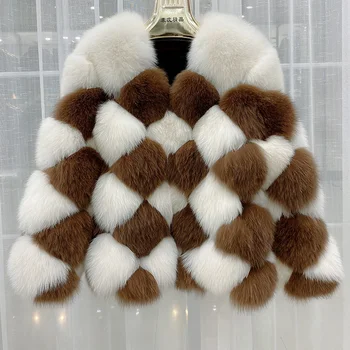 Горячие продажи, Новая роскошная высококачественная шуба из натурального Лисьего меха, куртка из натурального меха, клетчатый узор, женское модное зимнее пальто