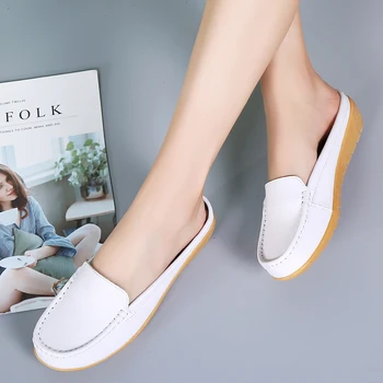 Летние женские туфли на плоской подошве из натуральной кожи, кожаные лоферы без застежки, женская обувь, мягкие мокасины в корейском стиле, полуботинки, Размер 44