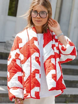 Женское хлопковое пальто с лацканами, красным и белым принтом, утепленная теплая короткая куртка-кардиган 2023, Новая зимняя женская модная верхняя одежда для отдыха