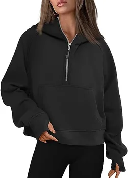 2023 Женская однотонная толстовка на молнии наполовину, короткий пуловер на молнии с капюшоном, свободный короткий свитер с капюшоном плюс флисовый свитер
