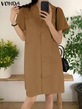 VONDA Женское летнее винтажное мини-платье 2023, модный уличный сарафан с коротким рукавом и пуговицами, однотонная уличная одежда, Повседневная Свободная рубашка, халат