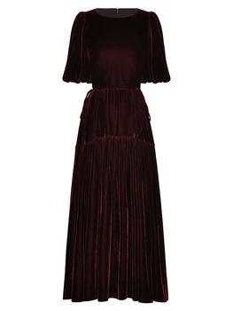 Платья, Новые женские Весенне-осенние высококачественные Модные вечерние, винно-красный бархат, Офисный шик, Элегантное повседневное платье Миди