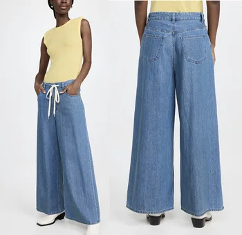 2023 Весенне-летние Тонкие Небесно-голубые брюки с высокой талией и завязками, свободные широкие брюки с девятью точками для женщин