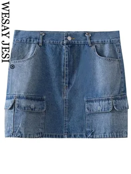Женская однотонная мини-юбка WESAY JESI TRAF из денима Y2K, женская сексуальная винтажная юбка с карманами, свободные юбки с высокой талией и молниями, женские уличные юбки