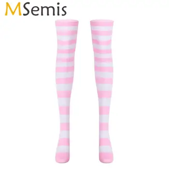 MSemis Для женщин и девочек, длинные носки до колена, милые полосатые носки, чулки выше колена, гетры, аниме, опрятные носки, чулки