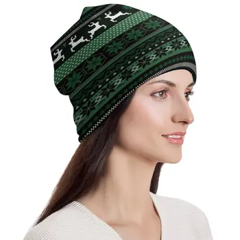 Шляпы-капоты с рождественским принтом в скандинавском стиле, Зеленая Вязаная шапка Fair Isle, модные Эластичные Шапки-бини для взрослых, Осенние кепки с принтом Kpop