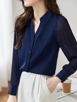 Женская Шикарная блузка с длинными рукавами в складках, Элегантные Офисные топы OL во французском стиле, 2023 Новые Осенние Модные Повседневные женские рубашки