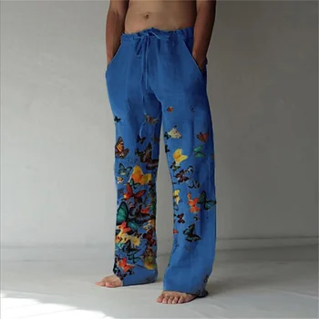 Горячая распродажа 2023 года, мужские брюки в стиле ретро, Летние пляжные дышащие гавайские повседневные брюки с прямой завязкой и принтом бабочки