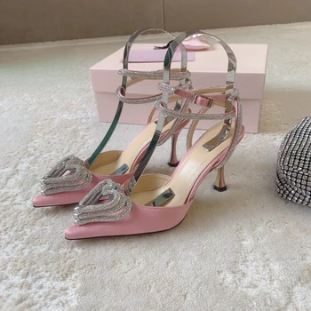Весенне-осенние женские туфли-лодочки из натуральной кожи, шелковые сандалии с украшением в виде кристаллов в форме сердца, Босоножки на очень высоком каблуке, вечерние модельные туфли