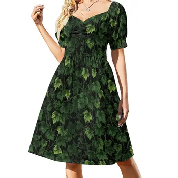 Новые пышные винтажные лозы плюща: нарисованная от руки зелень на эффектном темном фоне, платье без рукавов, платья с длинным рукавом, пляжная одежда