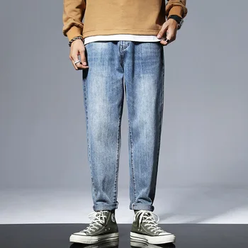 Прямые мужские брюки в японском стиле, слегка широкие, неэластичные, выстиранного синего цвета, модные весенние и осенние фасоны.
